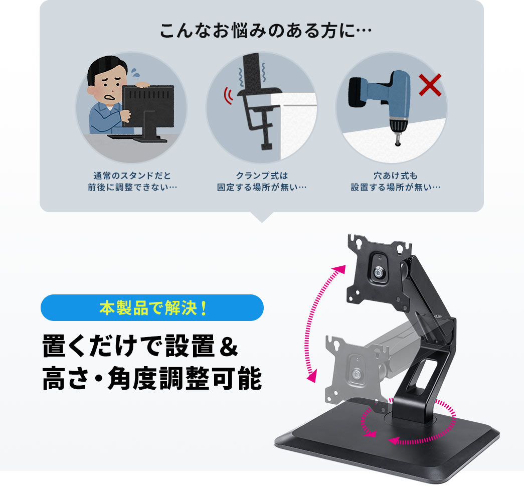 こんなお悩みのある方に… 置くだけで設置＆高さ・角度調整可能