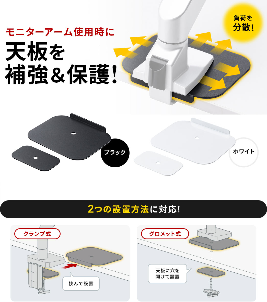 モニターアーム使用時に天板を補強＆保護! 2つの設置方法に対応!