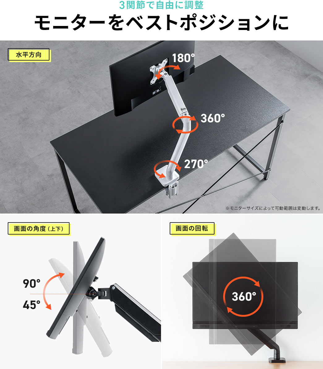 3関節で自由に調整 モニターをベストポジションに