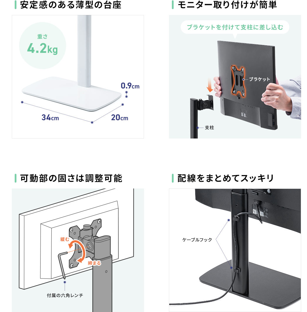 安定感のある薄型の台座 モニター取り付けが簡単 可動部の固さは調整可能 配線をまとめてスッキリ