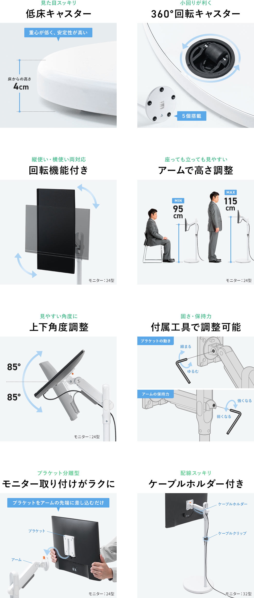 見た目スッキリ低床キャスター 小回りが利く360°回転キャスター 縦使い・横使い両対応回転機能付き 座っても立っても見やすいアームで高さ調整