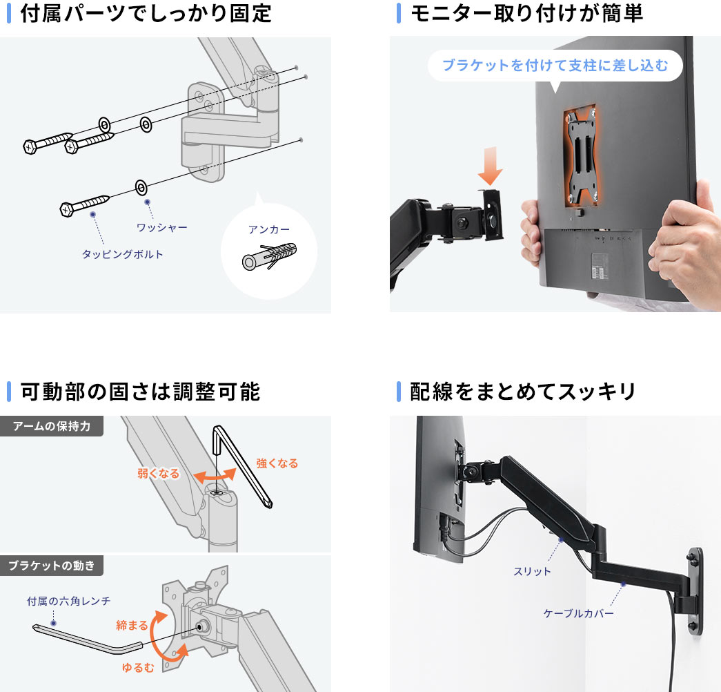 付属パーツでしっかり固定 モニター取り付けが簡単 可動部の固さは調整可能 配線をまとめてスッキリ