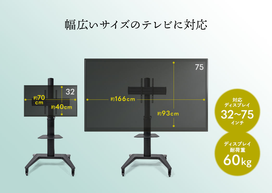 幅広いサイズのテレビに対応　対応ディスプレイ32～75インチ　ディスプレイ耐荷重60kg