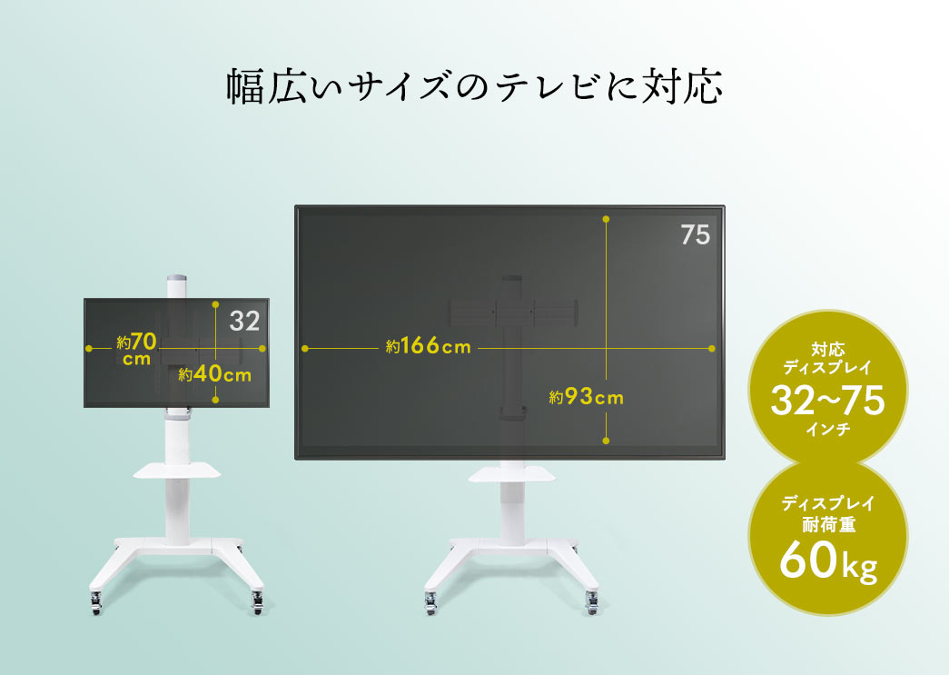 幅広いサイズのテレビに対応　対応ディスプレイ32～65インチ　ディスプレイ耐荷重60kg