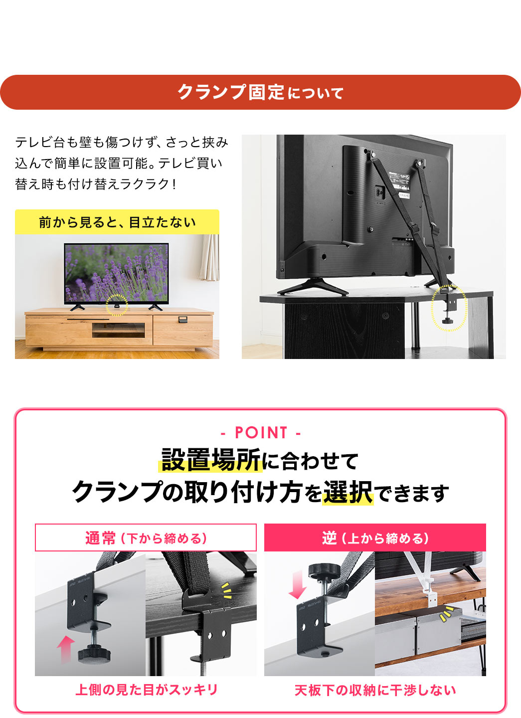 クランプ固定について、テレビ台も壁も傷つけず、さっと挟み込んで簡単に設置可能。テレビ買い替え時も付け替えラクラクで、前から見ても、目立ちません。POINT、設置場所に合わせてクランプの取り付け方を選択できます。通常（下から締める）では、上側の見た目がスッキリします。逆（上から締める）だと、天板下の収納に干渉しません。