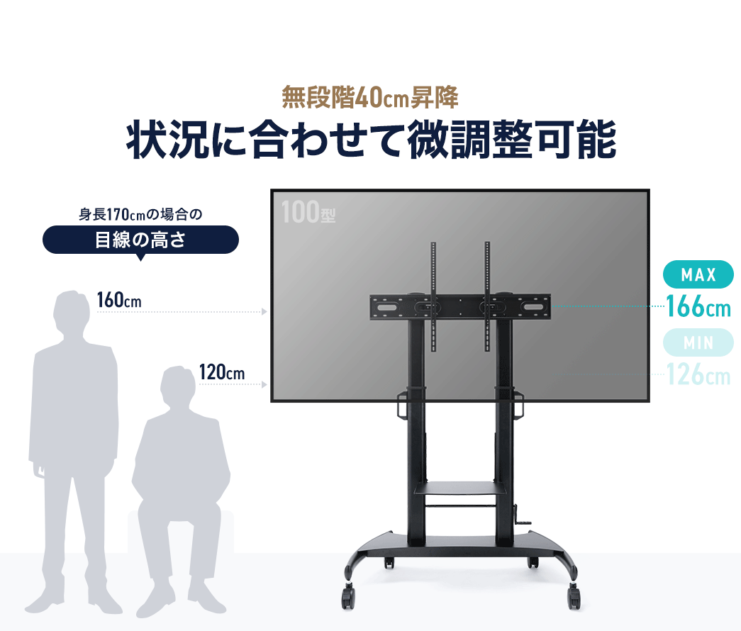 無段階で40cm昇降でき、状況に合わせた微調整が可能で、地面から最小126cm～最大166cmまでの高さで調整できます。
