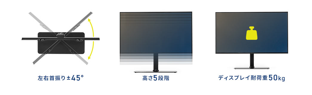 左右首振り±45° 高さ5段階 ディスプレイ耐荷重50kg