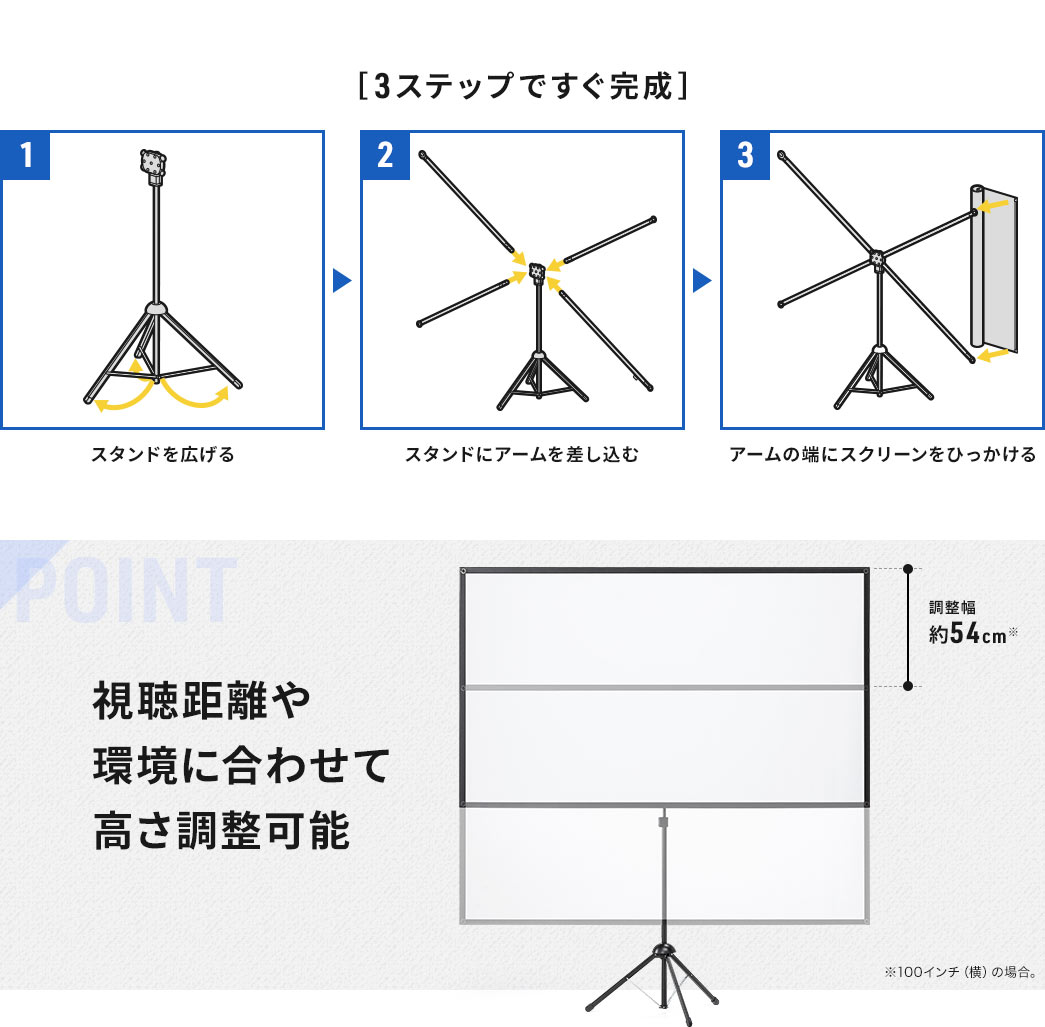 3ステップですぐ完成 視聴距離や環境に合わせ高さ調整可能
