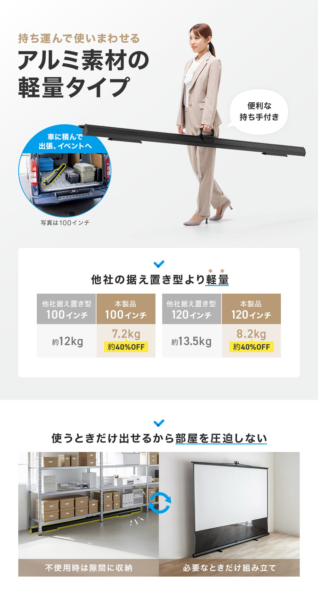 持ち運んで使いまわせるアルミ素材の軽量タイプなので、車に積んで出張先やイベントなどへ、気軽に持ち出してご利用いただけます。他社の据え置き型と比べて約40％の軽量で、不使用時は隙間に収納でき、必要なときだけ組み立てて、必要なときだけ組み立てて使用できるため、部屋を圧迫しません。