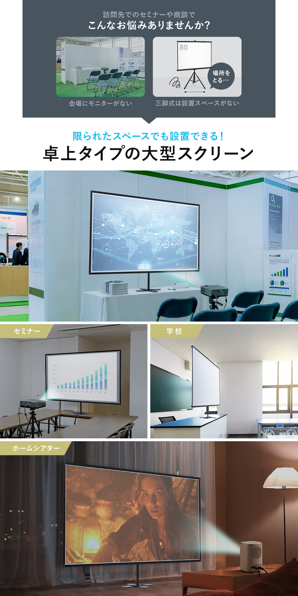 会場にモニターがない、三脚式は設置スペースがないなどの訪問先でのセミナーや商談でこんなお悩みありませんか？本製品は、限られたスペースでも設置できる、卓上タイプの大型スクリーンです。セミナーや学校、ホームシアターでのご使用におすすめです。