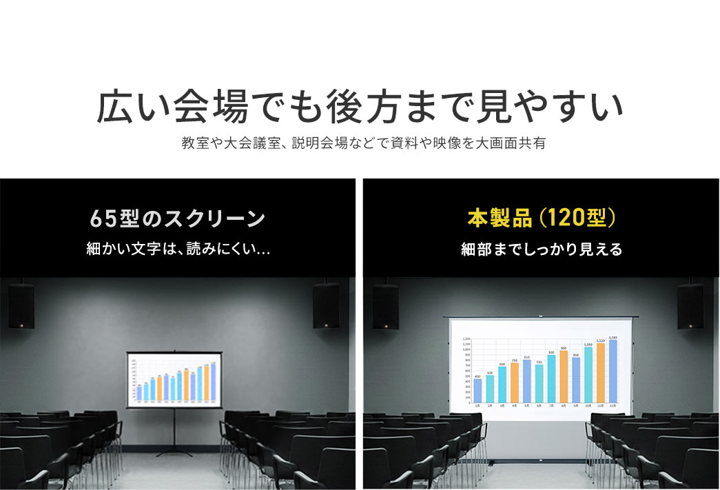 広い会場でも後方まで見やすいので、教室や大会議室、説明会場などで資料や映像を大画面で共有できます。
