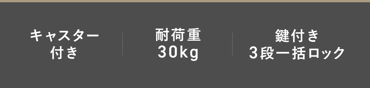 耐荷重30kg、キャスター付きの、鍵付きで、一括に3段ロックできます。