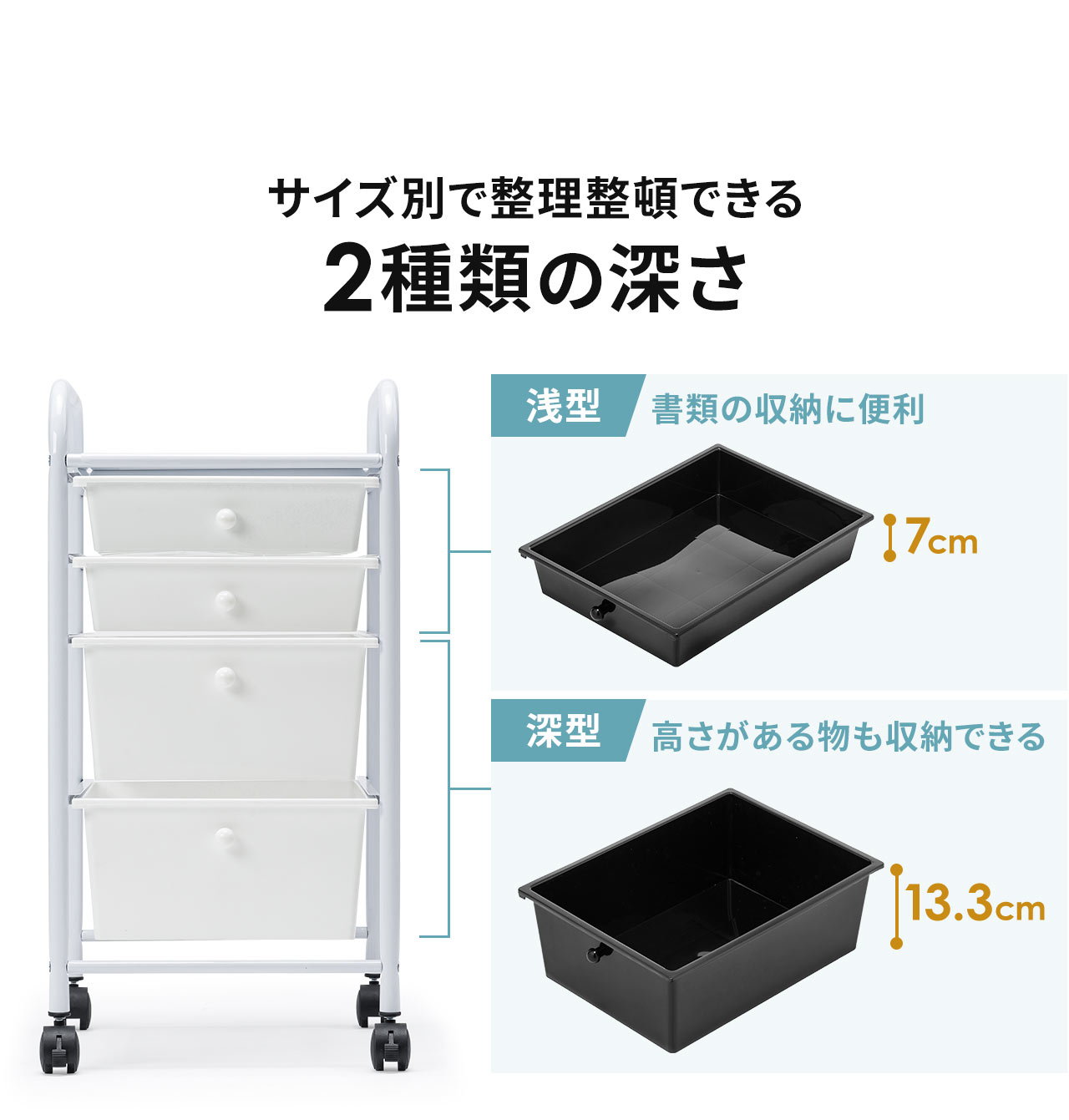 サイズ別で整理整頓できる浅型と深型の2種類の深さ