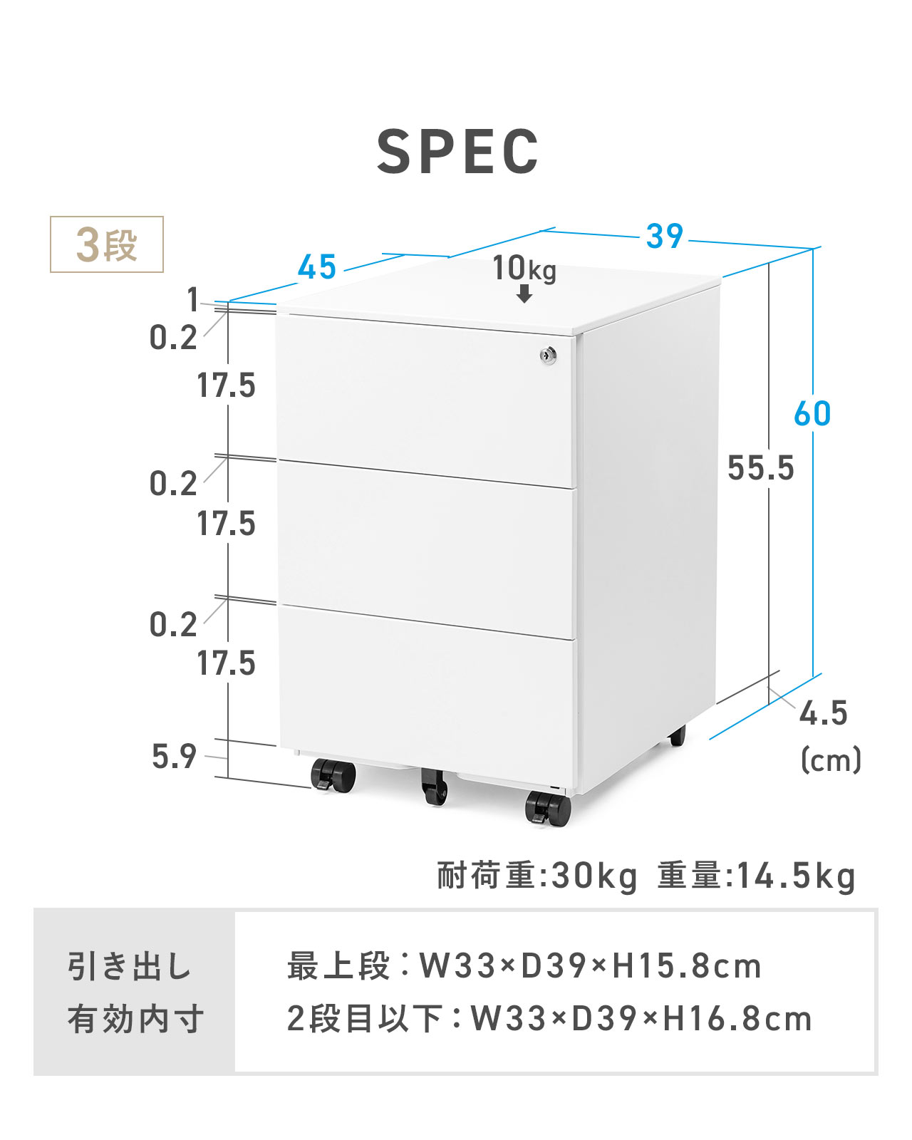 SPEC:3段タイプは幅39cm×奥行き45cm×高さ60cm、耐荷重30kg、重量14.5kgです。引き出し有効内寸は最上段:W33×D39×H15.8cm、2段目以下:W33×D39×H16.8cmです。