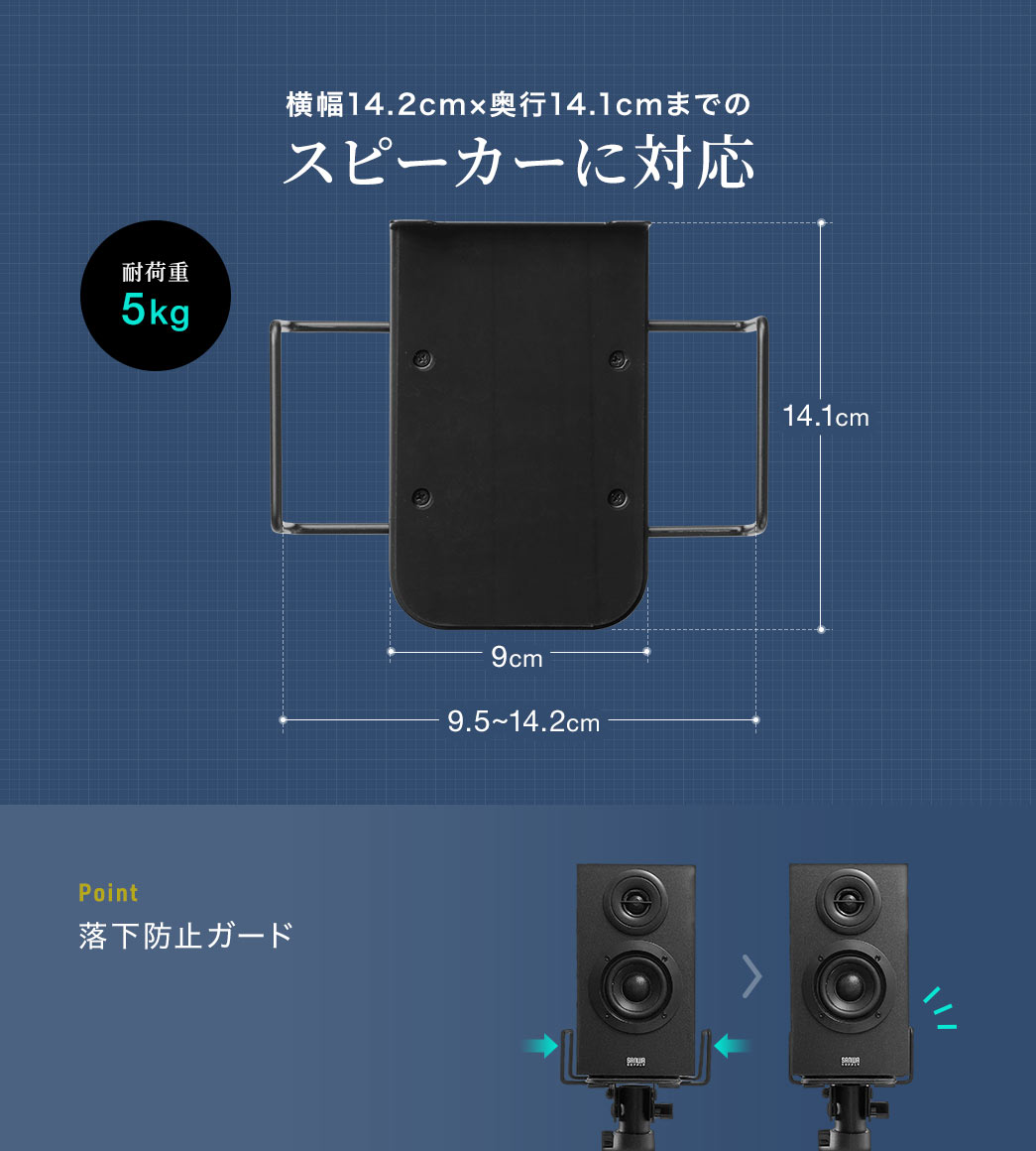 横幅14.2cm×奥行14.1cmまでのスピーカーに対応