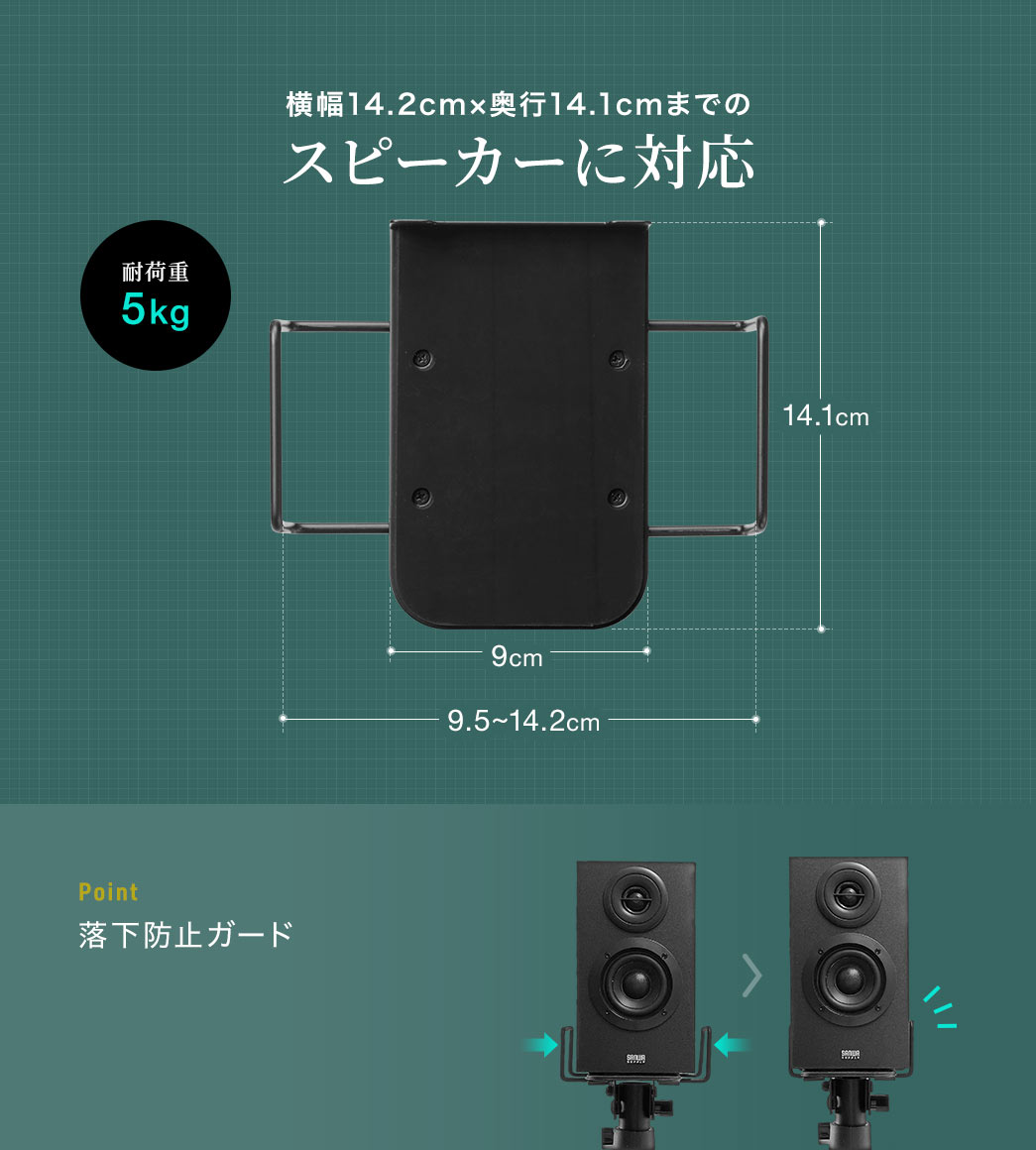 横幅14.2cm×奥行14.1cmまでのスピーカーに対応