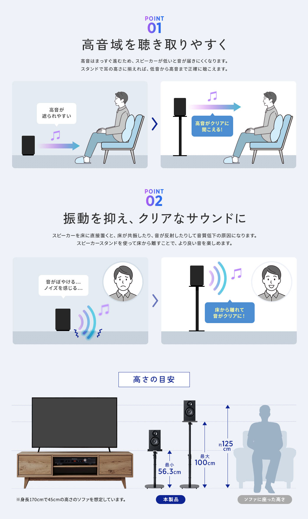 POINT1、高音域を聴き取りやすく。高音はまっすぐ進むため、スピーカーが低いと音が届きにくくなります。スタンドで耳の高さに揃えれば、低音から高音まで正確に聴こえます。POINT2、振動を抑え、クリアなサウンドに。スピーカーを床に直接置くと、床が共振したり、音が反射したりして音質低下の原因になります。スピーカースタンドを使って床から離すことで、より良い音を楽しめます。高さ目安、最小、56.3cm、最大、100cm。