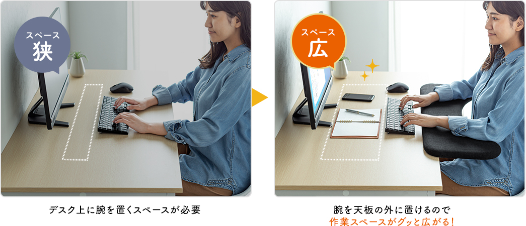 腕を天板の外に置けるので作業スペースがグッと広がる!