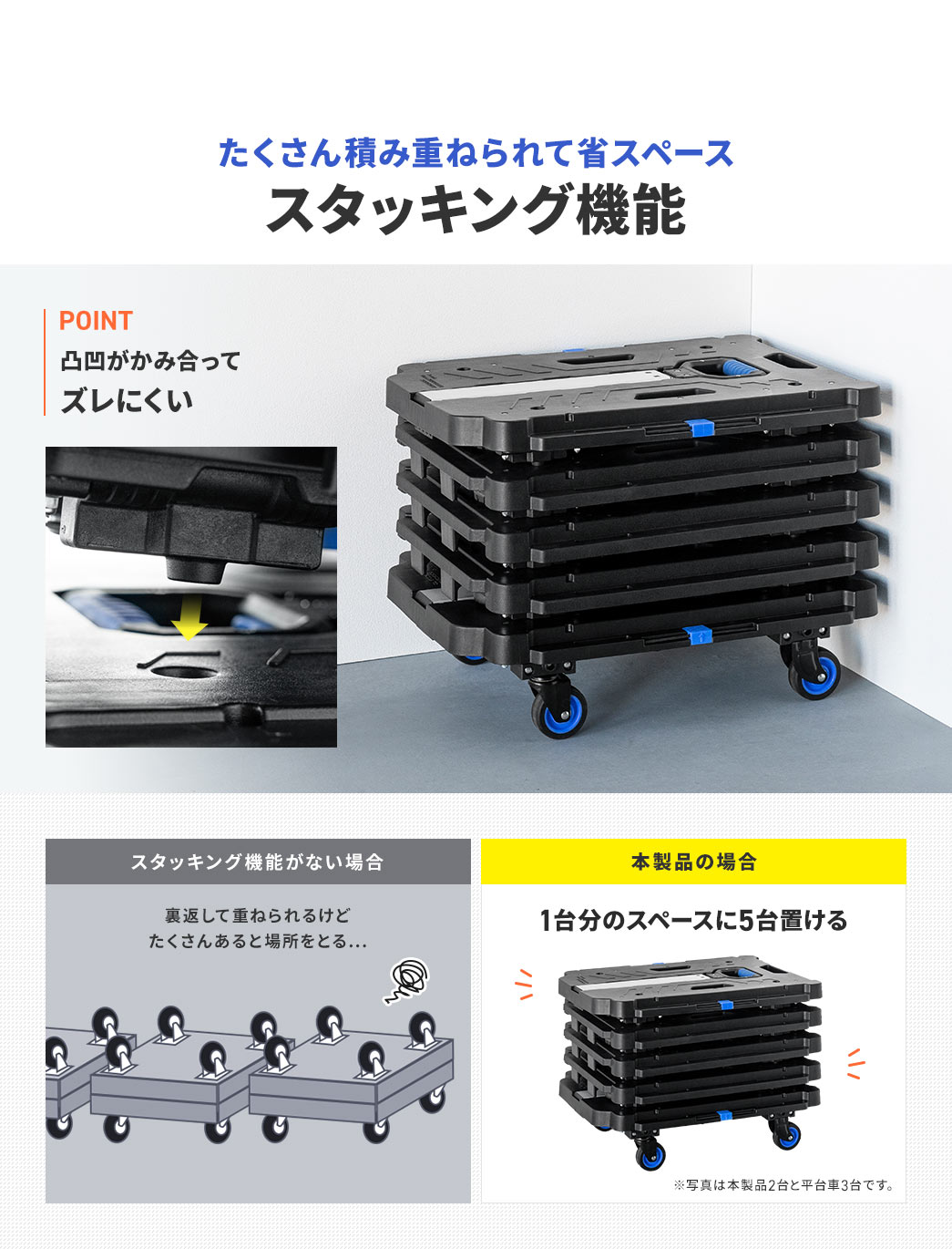 たくさん積み重ねられて省スペース スタッキング機能
