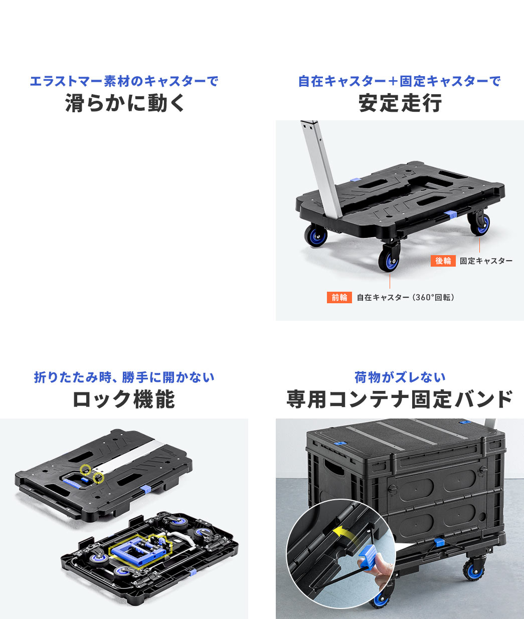 エラストマー素材のキャスターで 滑らかに動く 自在キャスター+固定キャスターで 安定走行 折りたたみ時、勝手に開かない ロック機能 荷物がズレない 専用コンテナ固定バンド