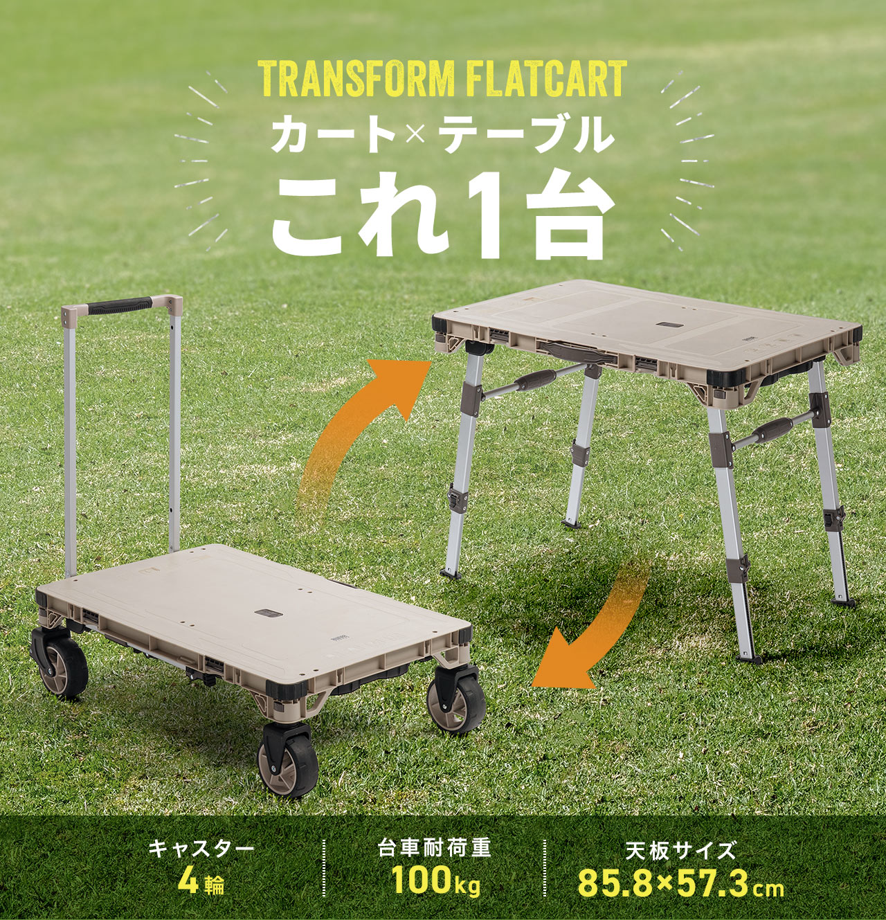 カート×テーブルをこれ1台で、TRANSFORM FLATCAR。キャスター4輪、台車耐荷重100kgで、天板サイズは85.8×57.3cm。