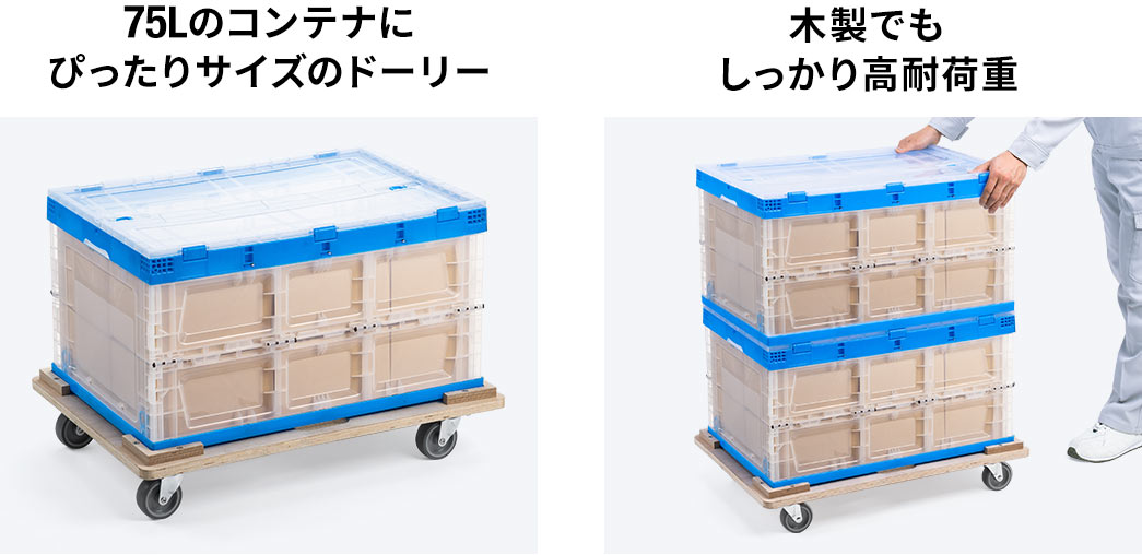75Lのコンテナにぴったりサイズのドーリーで、木製でもしっかりとした荷台板厚で、高耐荷重、耐久性・耐油性・耐摩耗に優れたキャスターに、取っ手付きで持ち運びに便利です。