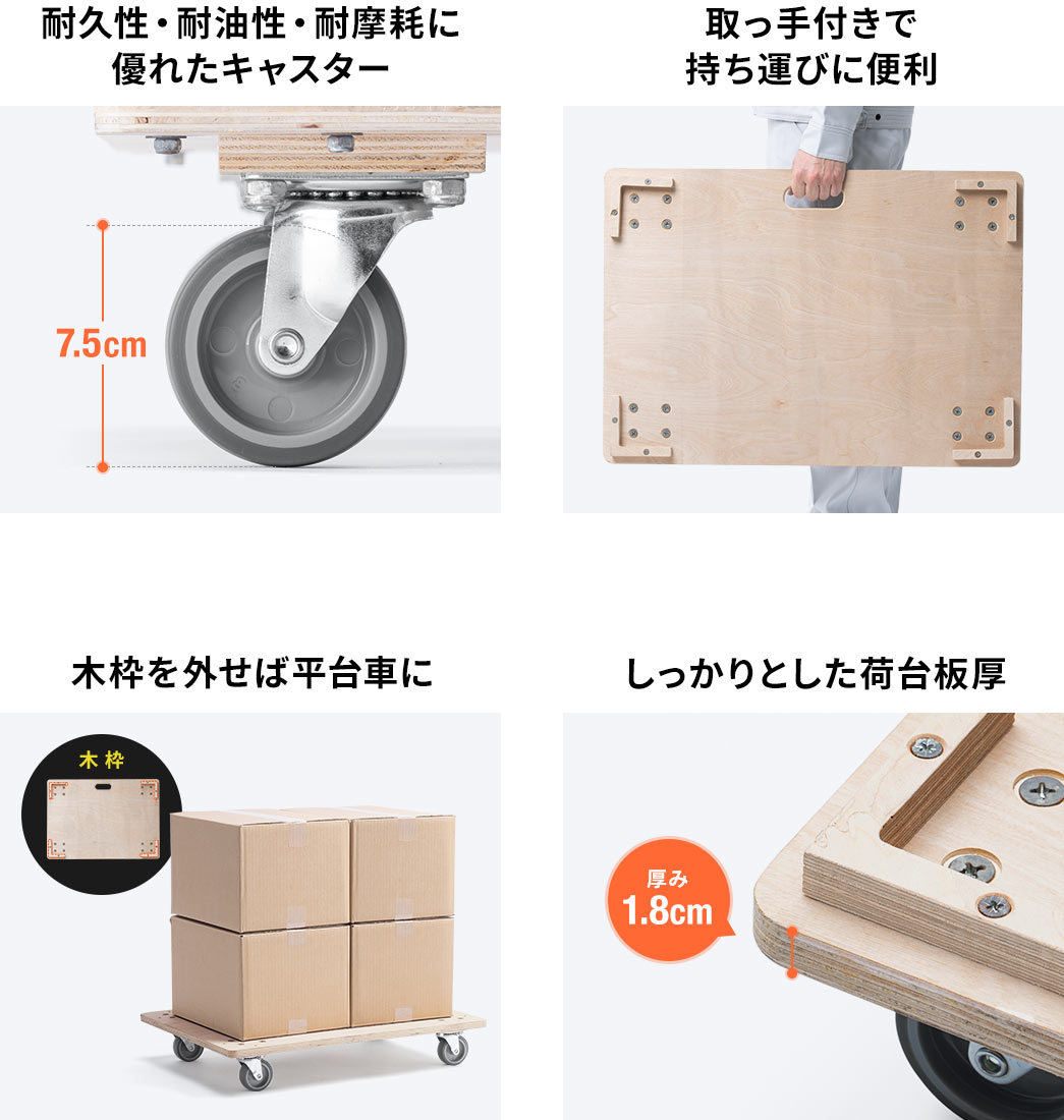 耐久性・耐油性・耐摩耗に優れたキャスター。取っ手付きで持ち運びに便利。木枠を外せば平台者に。しっかりとした荷台板厚。