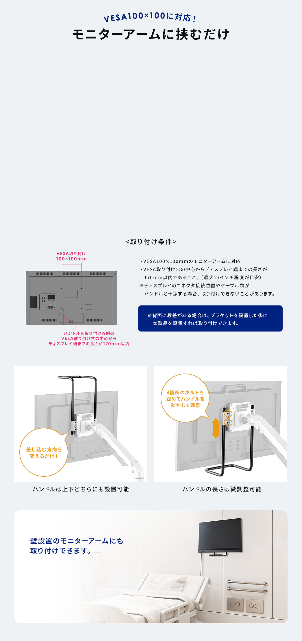 モニターアームに挟むだけ