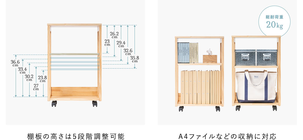 棚板の高さは5段階調整可能 A4ファイルなどの収納に対応