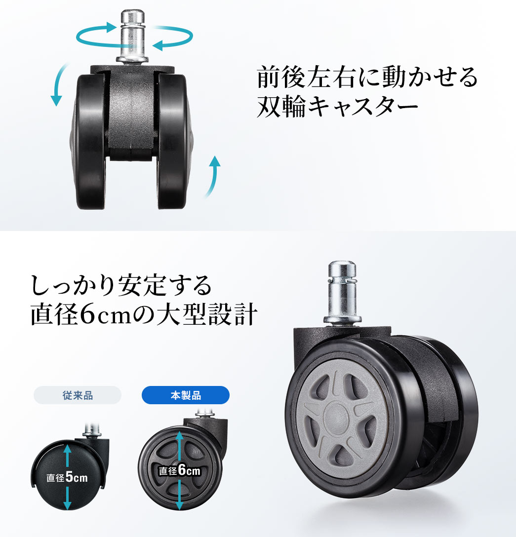 前後左右に動かせる双輪キャスター しっかり安定する直径6cmの大型設計