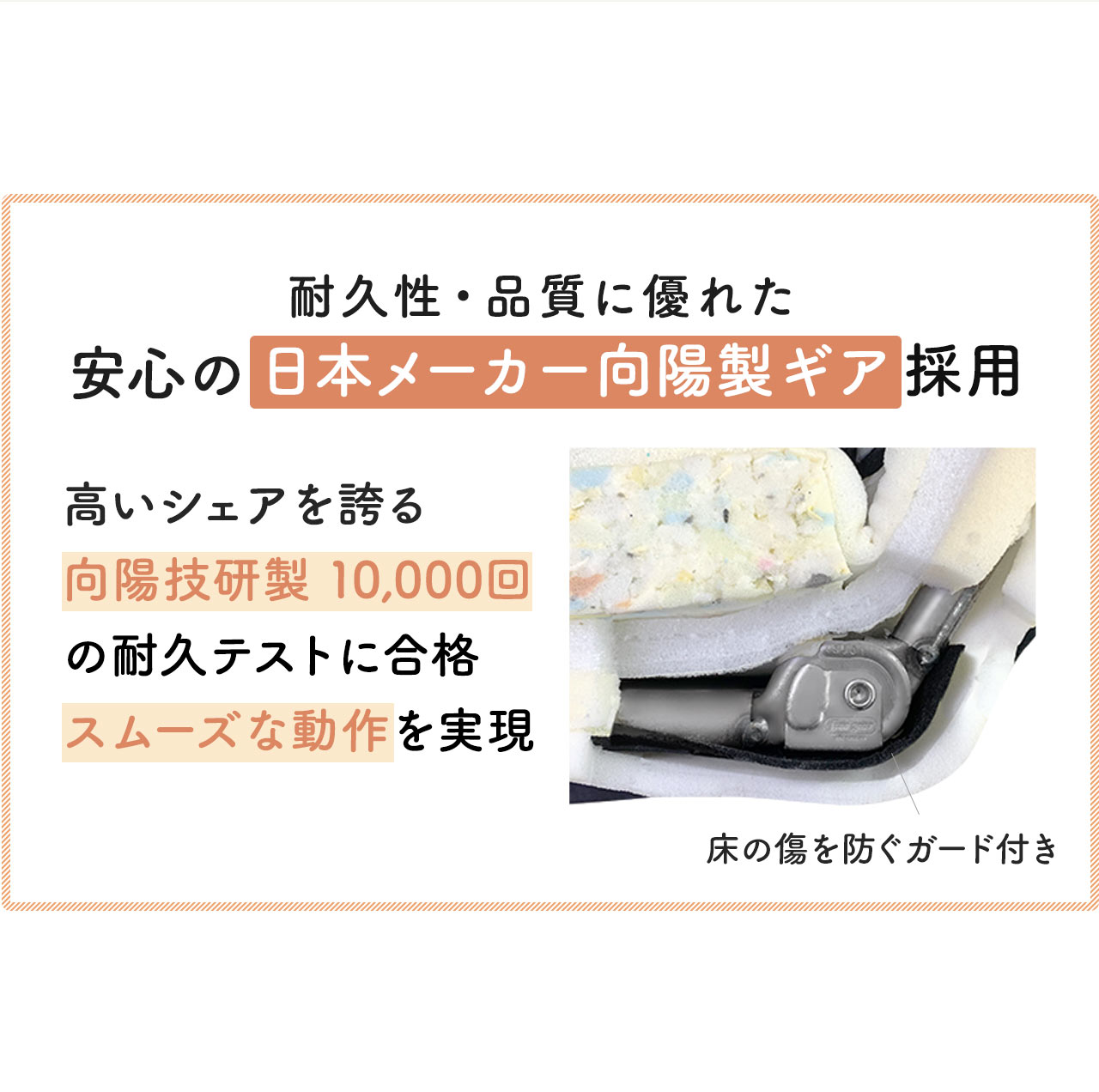 耐久性・品質に優れた安心の日本メーカー向陽製ギア採用しており、高いシェアを誇る向陽技研製10,000回の耐久テストに合格スムーズな動作を実現