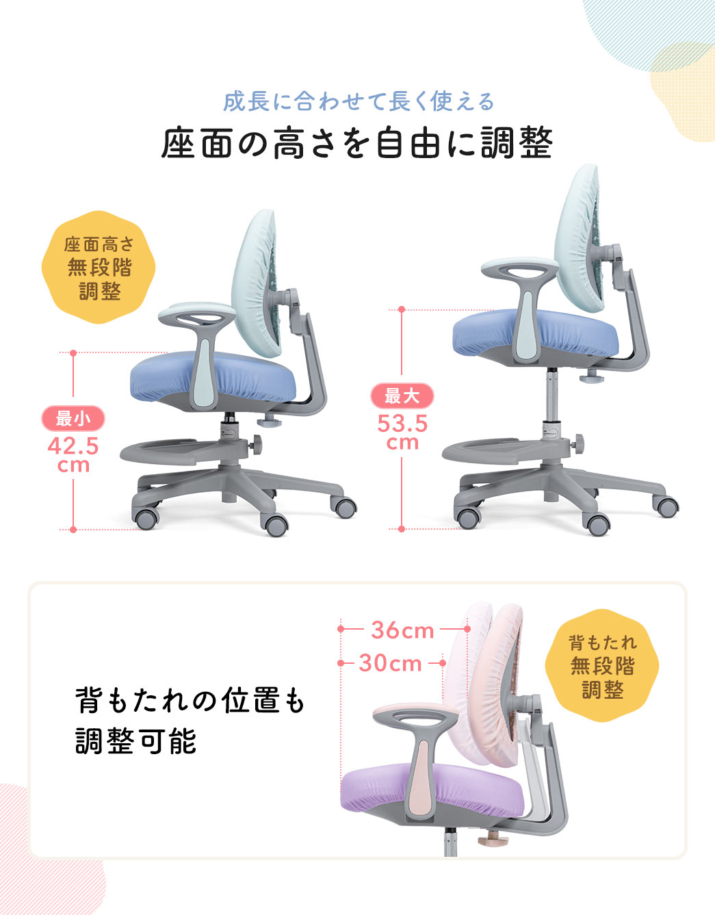 座面&背もたれを自由に調整できるから成長に合わせて長く使え、座面は42.5～53.5cm、背もたれは30～36cmの範囲で調整可能です。
