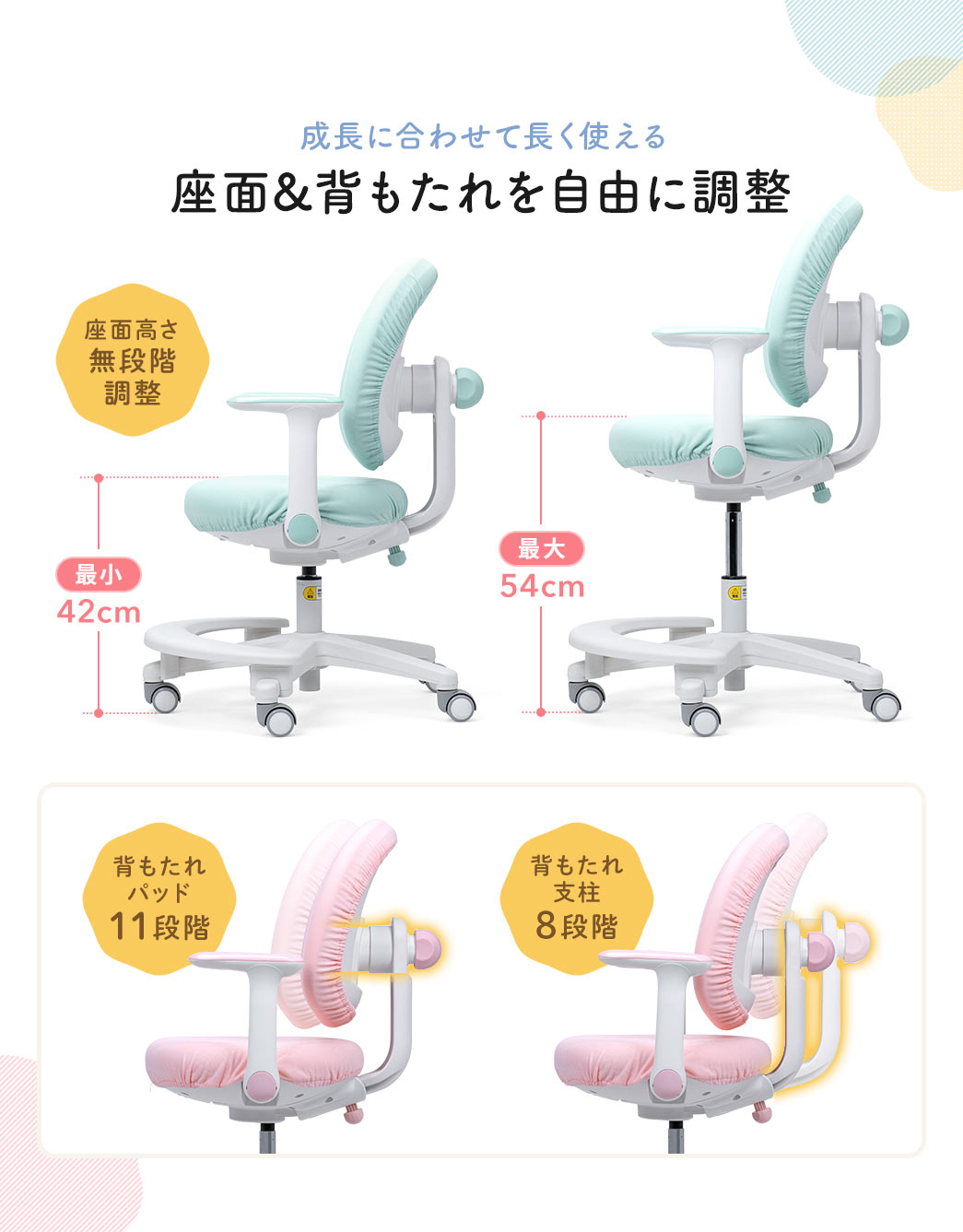 座面&背もたれを自由に調整できるから成長に合わせて長く使え、座面は42～54cm、背もたれパッドは11段階、背もたれ支柱8段階で調整可能です。