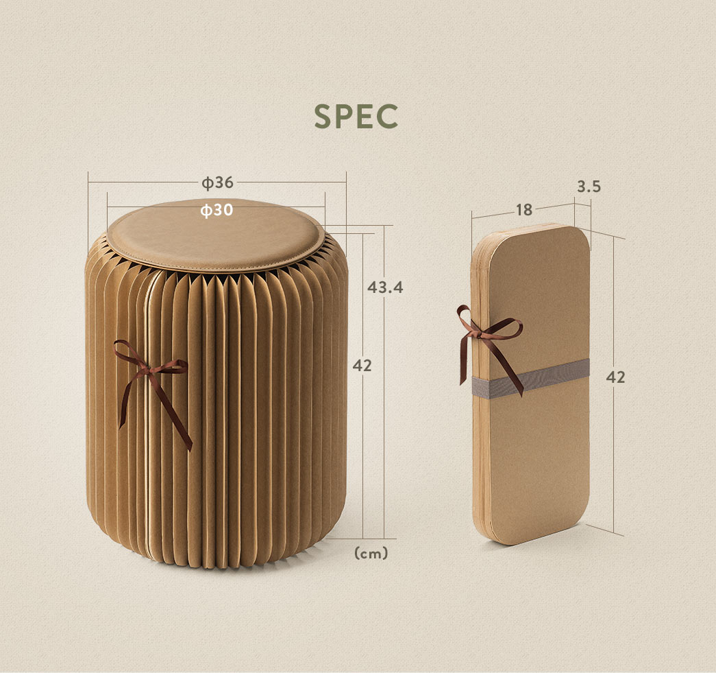 SPEC：直径36cm、高さ43.4cm、折りたたみ時のサイズは幅18cm×奥行き3.5cm×高さ42cm。