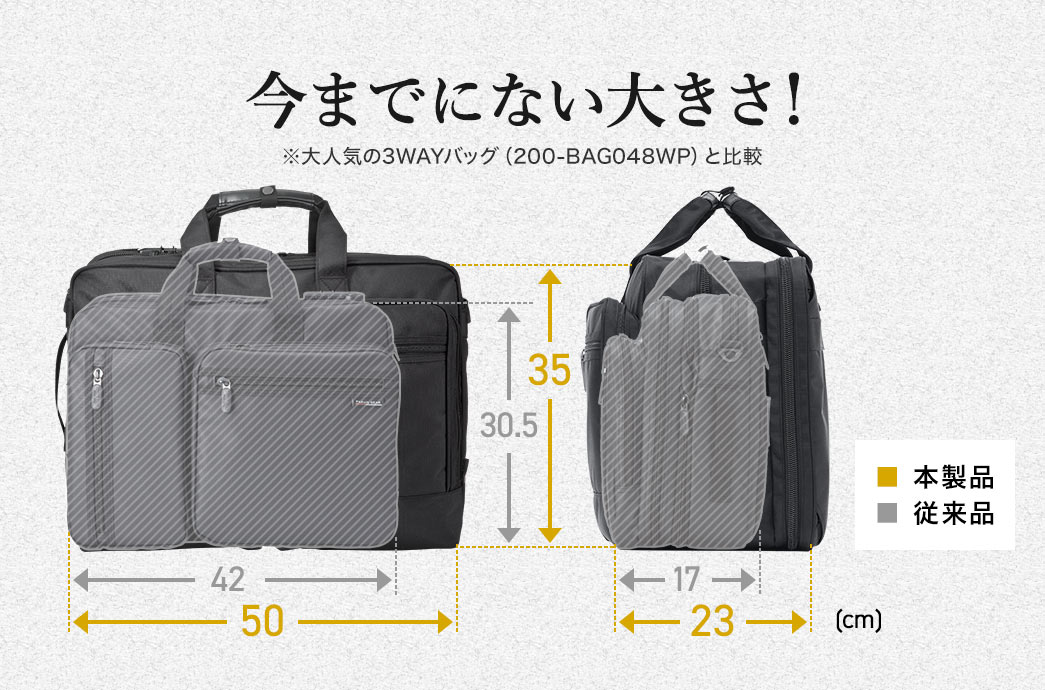 今までにない大きさで、従来品の3WAYバッグ（200-BAG048WP）と比較してもひとまわり以上サイズアップしています。