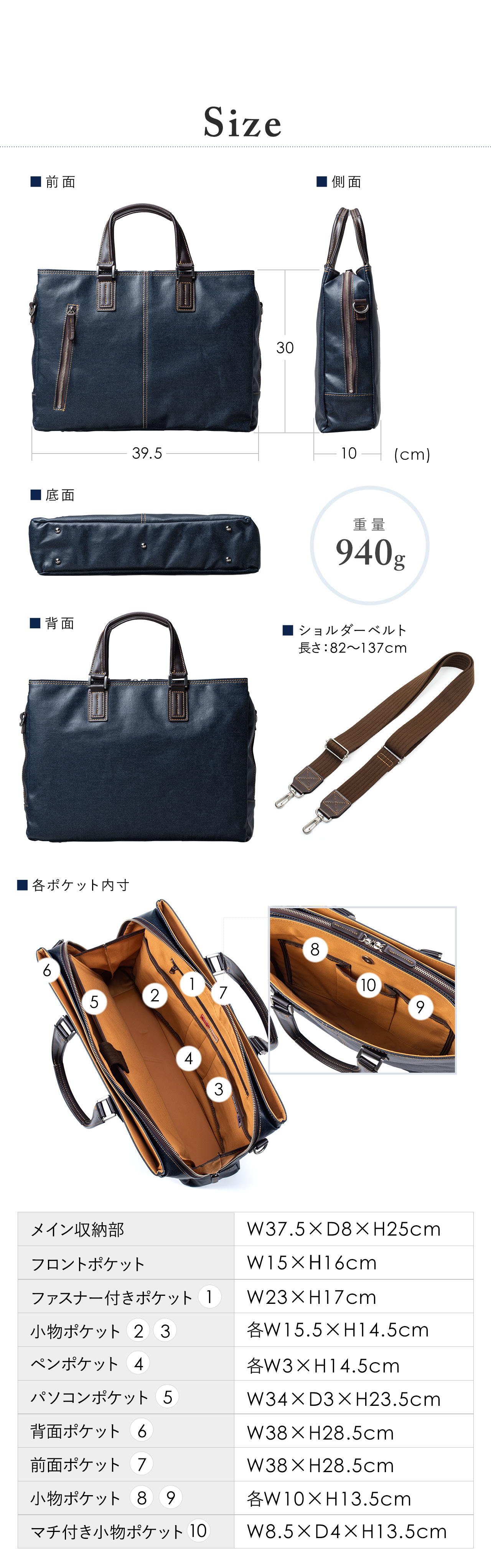 サイズは横幅39.5cm、奥行き10cm、高さ30cm。ショルダーベルトの長さは82cm～137cmで調整可能です。ポケットのサイズはメイン収納部は横幅37.5×奥行き8×高さ25cm、フロントポケットは横幅15×高さ16cm、ファスナー付きポケットは横幅23×高さ17cm、小物ポケットは各横幅15.5×高さ14.5cm、ペンポケットは各横幅3×高さ14.5cm、パソコンポケットは横幅34×奥行き3×高さ23.5cm、背面ポケットは横幅38×高さ28.5cm、前面ポケットは横幅38×高さ28.5cm、小物ポケットは各横幅10×高さ13.5cm、マチ付き小物ポケットは横幅8.5×奥行き4×高さ13.5cm。重量は940gです。