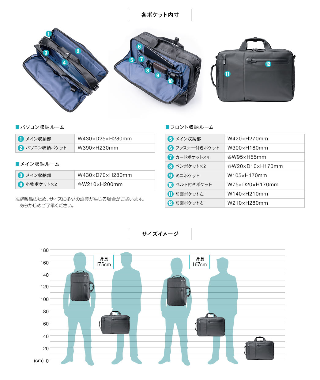 各ポケット内寸