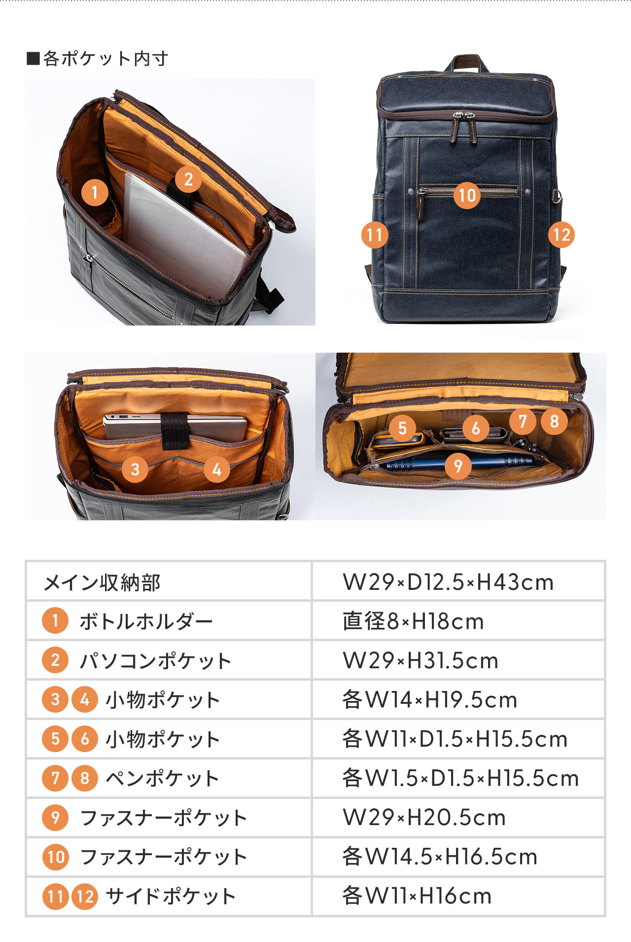 各ポケット内寸、メイン収納部、幅29×奥行き12.5×高さ43cm。ボトルホルダー、直径8×高さ18cm。パソコンポケット、幅29×高さ31.5cm。小物ポケット各種、各幅14×高さ19.5cm、各幅11×奥行き1.5×高さ15.5cm。ペンポケット、各幅1.5×奥行き1.5×高さ15.5cm。ファスナーポケット各種、幅29×高さ20.5cm、各幅14.5×高さ16.5cm。サイドポケット、各幅11×高さ16cm。