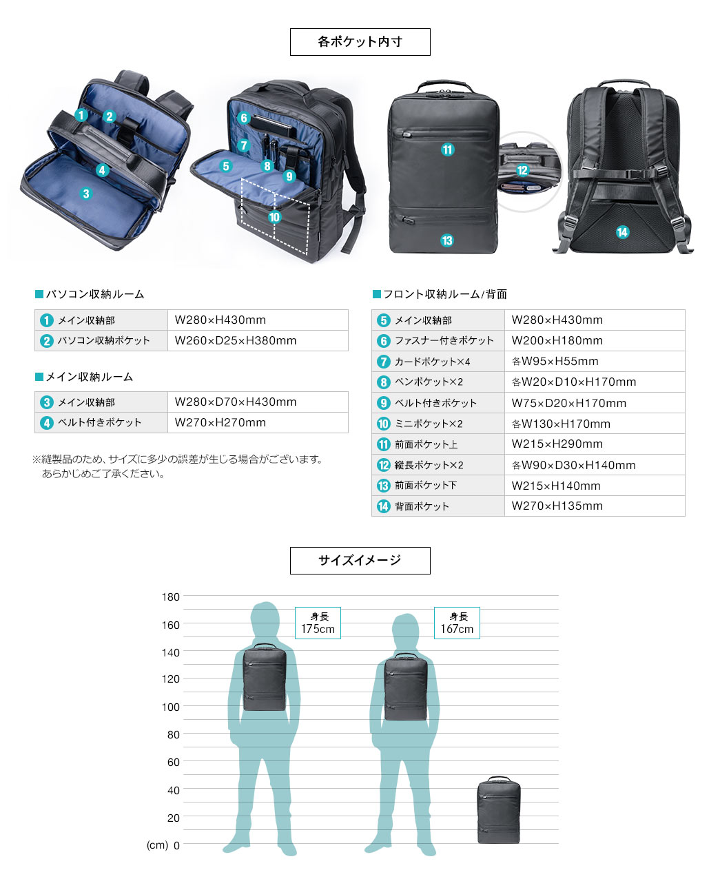 各ポケット内寸