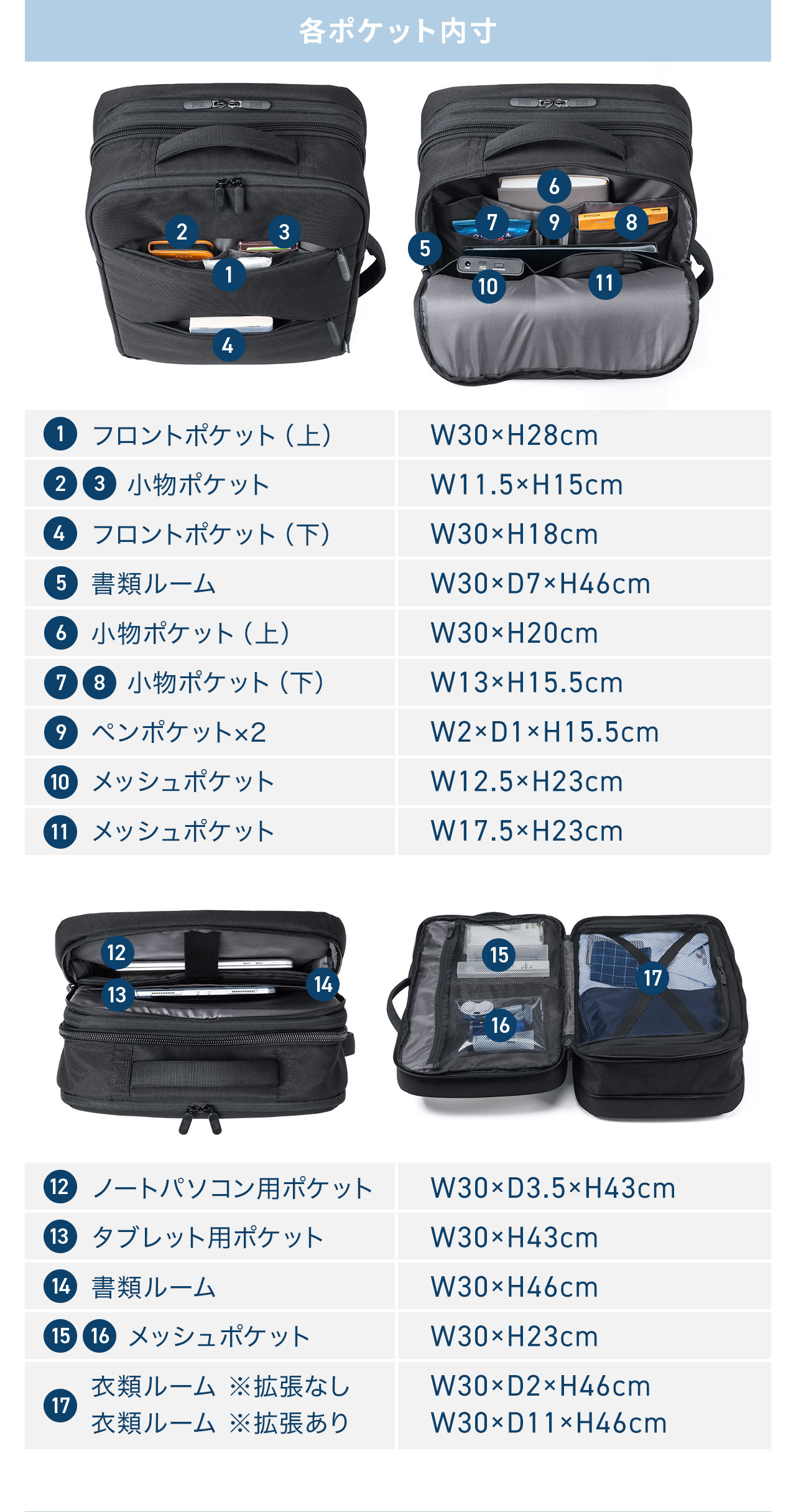 各ポケット内寸 フロントポケット(上)W30×H28cm 小物ポケットW11.5×H15cm フロントポケット(下)W30×H18cm 書類ルームW30×D7×H46cm 小物ポケット(上)W30×H20cm 小物ポケット(下)W13×H15.5cm ペンポケット×2W2×D1×H15.5cm メッシュポケットW12.5×H23cm メッシュポケットW17.5×H23cm ノートパソコン用ポケットW30×D3.5×H43cm タブレット用ポケットW30×H43cm 書類ルームW30×H46cm メッシュポケットW30×H23cm 衣類ルーム※拡張なしW30×D2×H46cm 衣類ルーム※拡張ありW30×D11×H46cm 