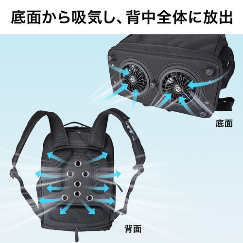 底面から吸気し、背中全体に風を放出