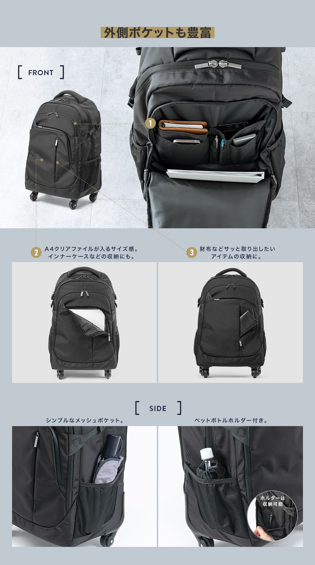 外側ポケットも豊富