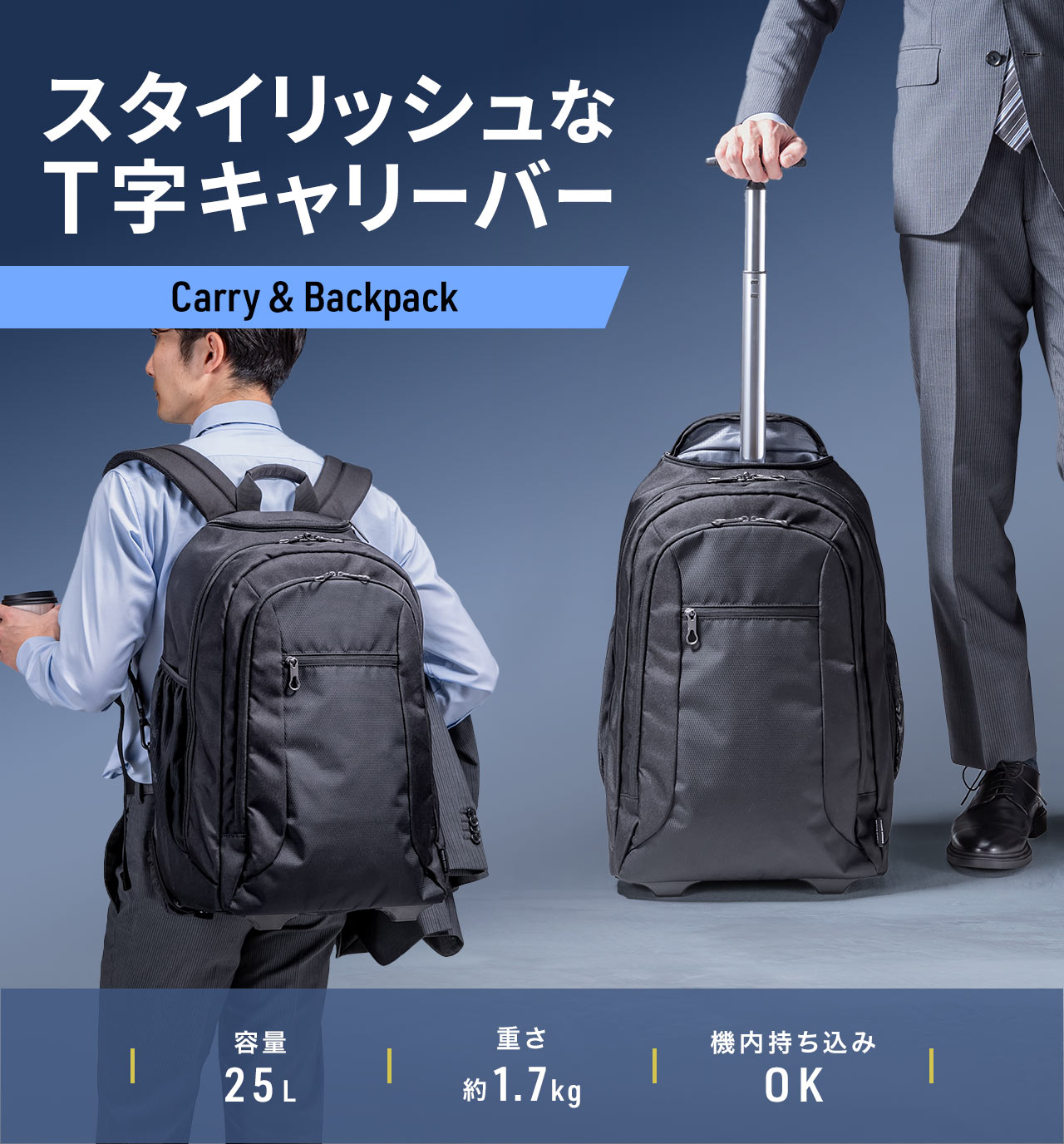 スタイリッシュなT字キャリーバーの、Carry＆Backpack。容量00L、重さ約1.7kg、機内持ち込みOK。