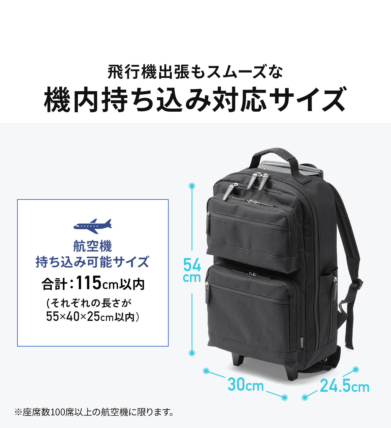 飛行機出張もスムーズな、機内持ち込み対応サイズです。※座席数100席以上の航空機に限ります。航空機持ち込み可能サイズ、合計115cm以内。（それぞれの長さが、55×40×25cm以内）。