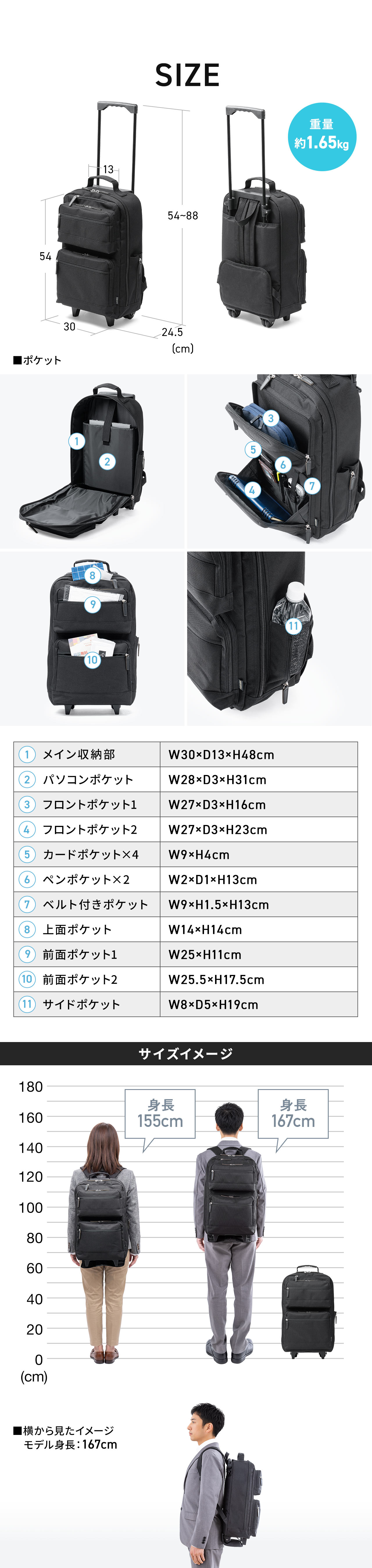 SIZE、重量約1.65kg。メイン収納部、W30×D13×H48cm、パソコンポケット、W28×D3×H31cm、フロントポケット、1W27×D3×H16cm、フロントポケット2、W27×D3×H23cm、カードポケット×4、W9×H4cm、ペンポケット×2、W2×D1×H13cm、ベルト付きポケット、W9×H1.5×H13cm、上面ポケット、W14×H14cm、前面ポケット1、W25×H11cm、前面ポケット2、W25.5×H17.5cm、サイドポケット、W8×D5×H19cm。