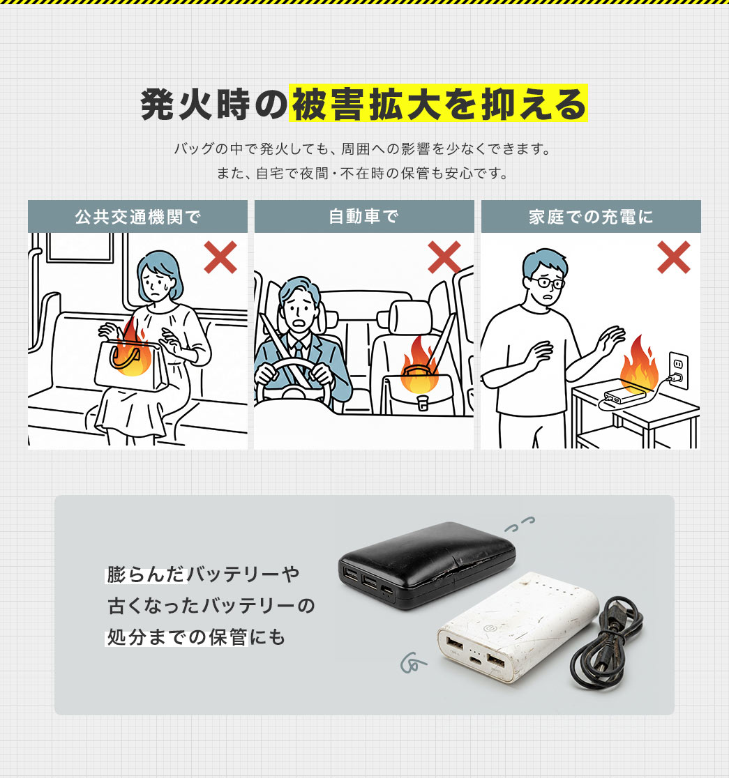 バッグの中で発火しても、発火時の被害拡大を抑えるので周囲への影響を少なくできます。 また、自宅で夜間・不在時の保管も安心です。膨らんだバッテリーや古くなったバッテリーの処分までの保管にも使用できます。
