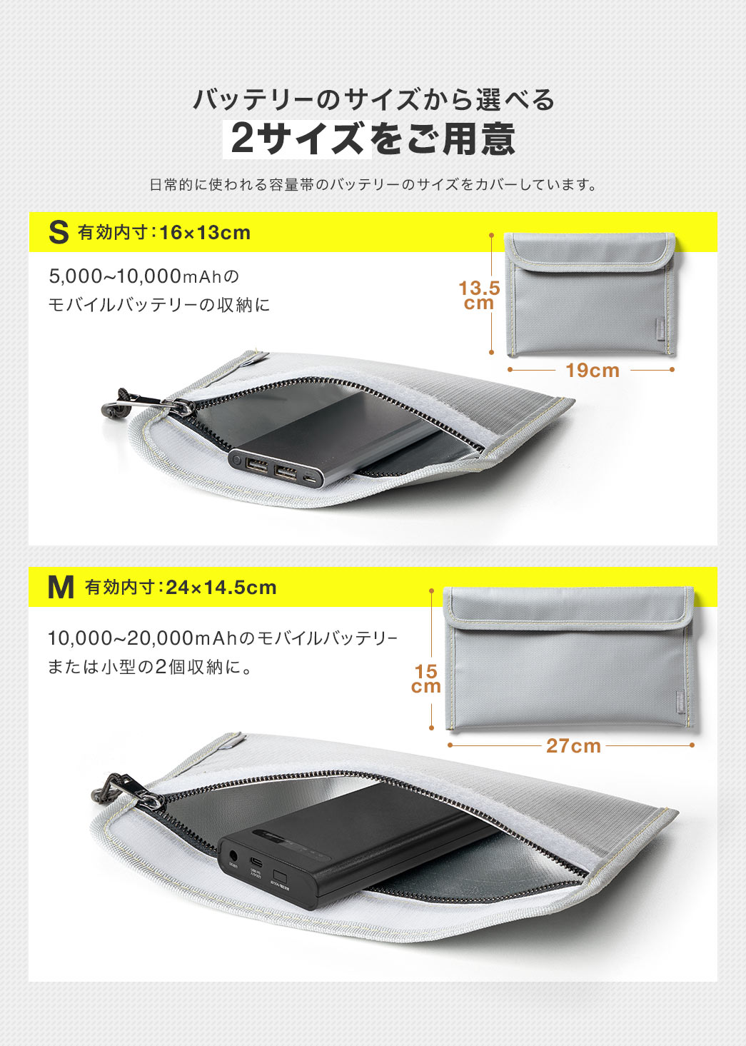 5,000~10,000mAhのモバイルバッテリーの収納におすすめのSサイズ（有効内寸：16×13cm）、10,000~20,000mAhのモバイルバッテリーまたは小型の2個収納におすすめのMサイズ（有効内寸：24×14.5cm）のバッテリーのサイズから選べる2サイズをご用意しています。