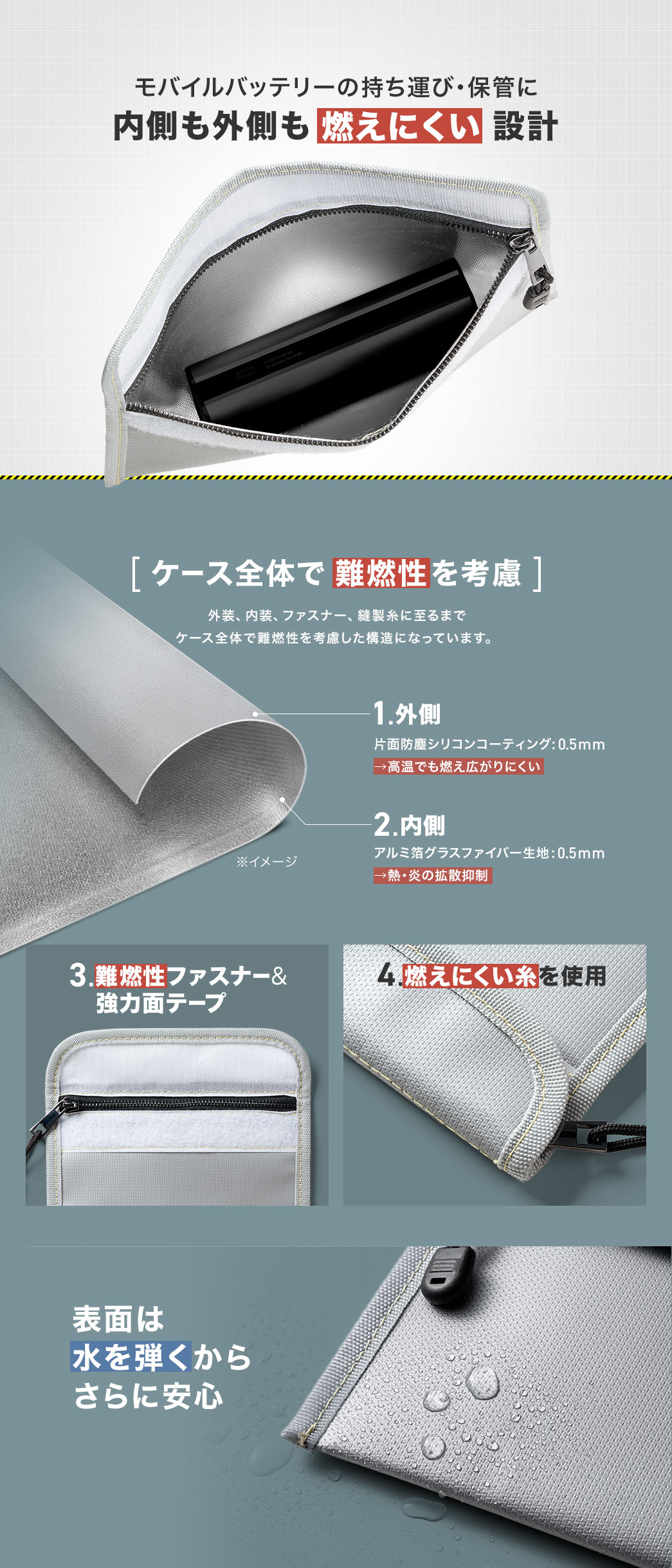 モバイルバッテリーの持ち運び・保管に。耐火試験済みで内側も外側も燃えにくい設計になっています。ケース全体で耐火性を考慮した設計になっており、外側は、片面防塵シリコンコーティング:0.5mmで高温でも燃え広がりにくく、内側はアルミ箔グラスファイバー生地:0.5mmで熱・炎の拡散抑制します。防火ファスナー&強力面テープ、燃えにくい糸を使用しており、表面は水を弾くからさらに安心です。