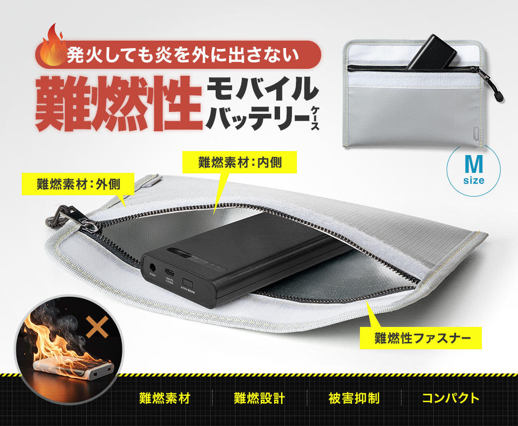 発火しても炎を外に出さない耐火モバイルバッテリーケース。耐火素材と難燃設計を採用し発火の被害を抑制します。