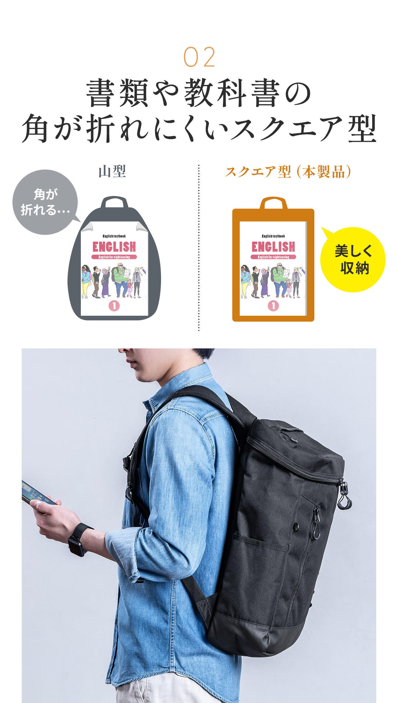 2、カタログや教科書の角が折れにくいスクエア型なので、美しく収納できます。